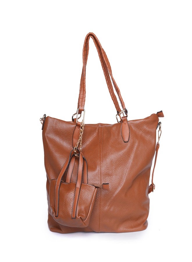 SANTORINI DuoCharm Women’s Trapezoid Tote Bag | Spacious Shoulder Handbag with Mini Bag Charm, 1 Compartment, Multiple pockets, Detachable Sling Strap | Fits 14” Laptop (Brown) - Image 1